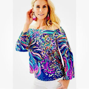 LILLY PULITZER Women's Adira Silk Off The Shoulder Top in Top Beach Loot sexy